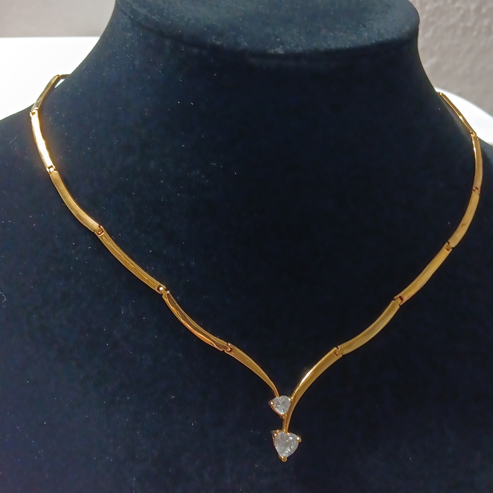 Gold Necklace with CZ Double Heart 17"